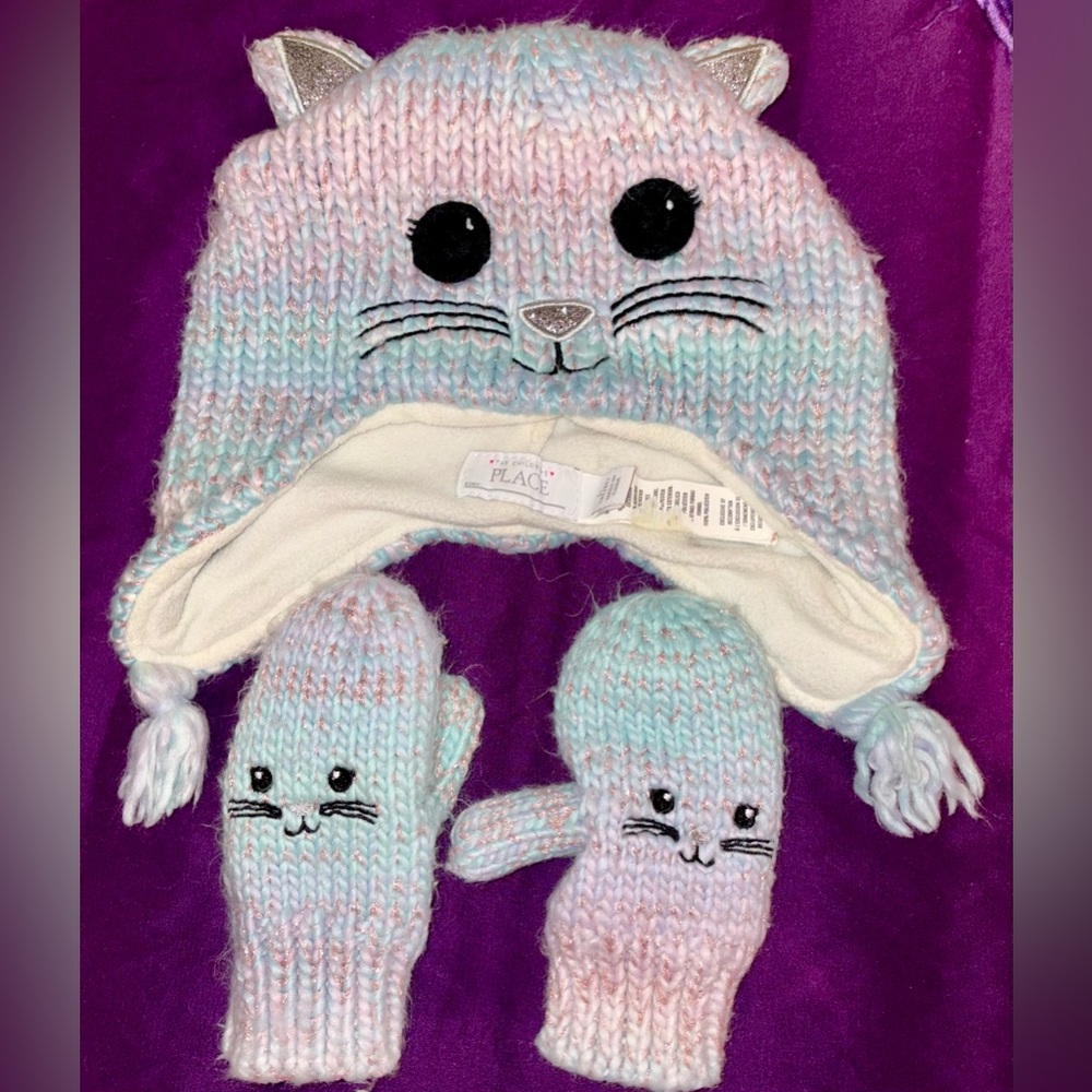 Toddlers Pink and Blue Cat Beanie and Mittens size L 4T/5T